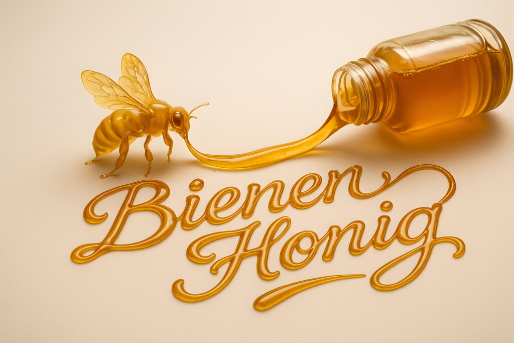 Honig Schriftzug mit Biene und Glas auf beigem Hintergrund