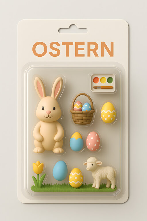 Ostern Blisterverpackung mit Osterhase als Aktionfigur, Eiern, Lamm und Frühlingsdeko