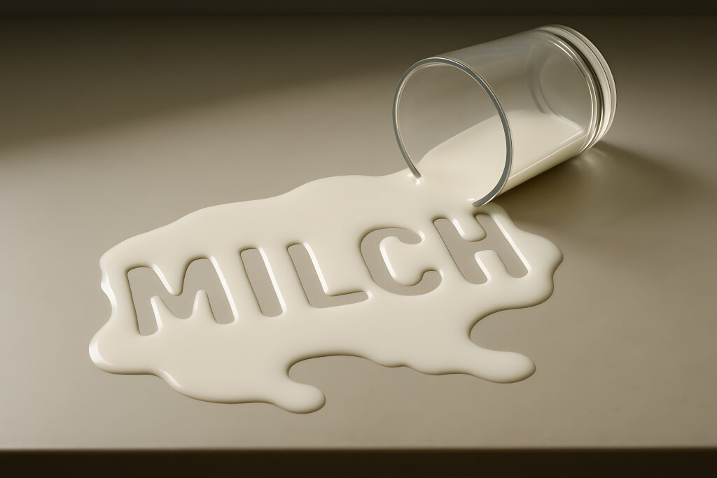 Verschüttete Milch mit Schriftzug Milch auf Tisch