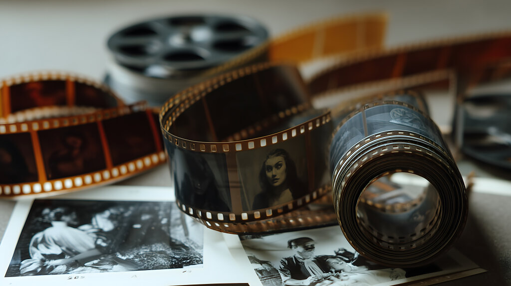 Kinofilmstreifen und Filmrollen auf Tisch mit Schwarzweißfotos