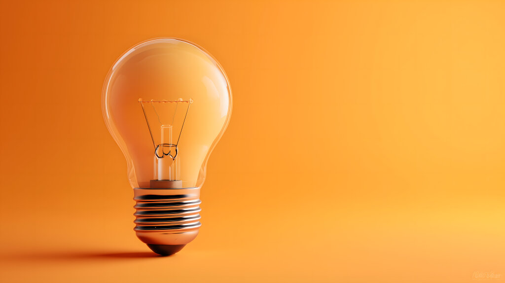 Glühbirne leuchtet vor orangefarbenem Hintergrund minimalistisch