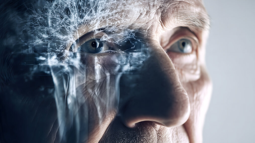 Symbol für Demenz und Alzheimer: Gehirnscan überlagert Gesicht eines älteren Mannes.