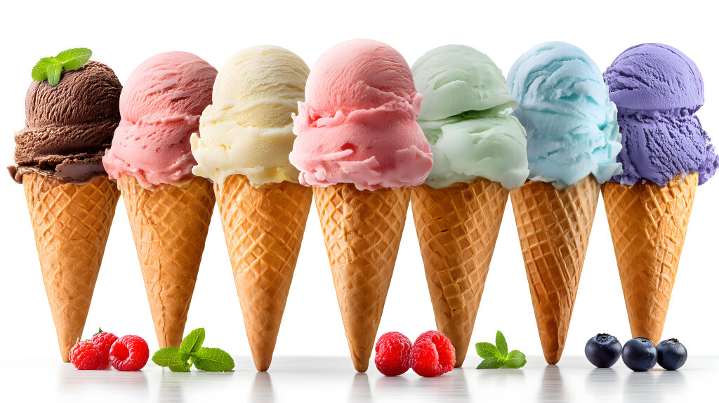 Bunte Eiswaffeln mit Kugeln in Pastellfarben nebeneinander