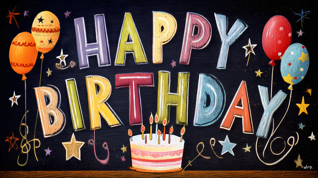 Happy Birthday Schrift bunt gemalt mit Luftballons und Kuchen