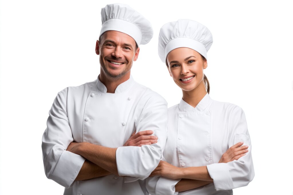 Lächelnde professionelle Köche im weißen Uniform