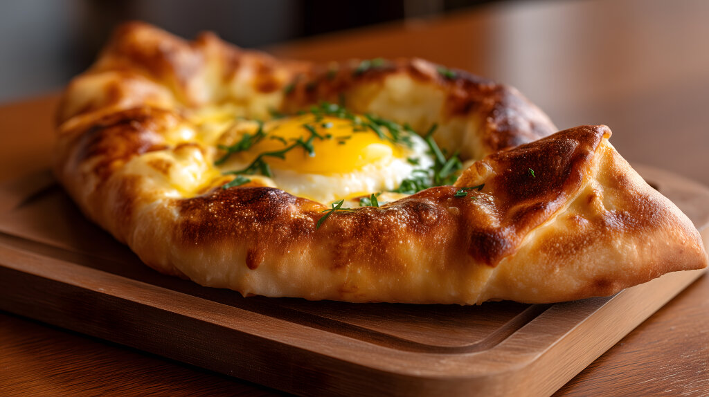 Khachapuri Adjaruli mit Ei und geschmolzenem Käse