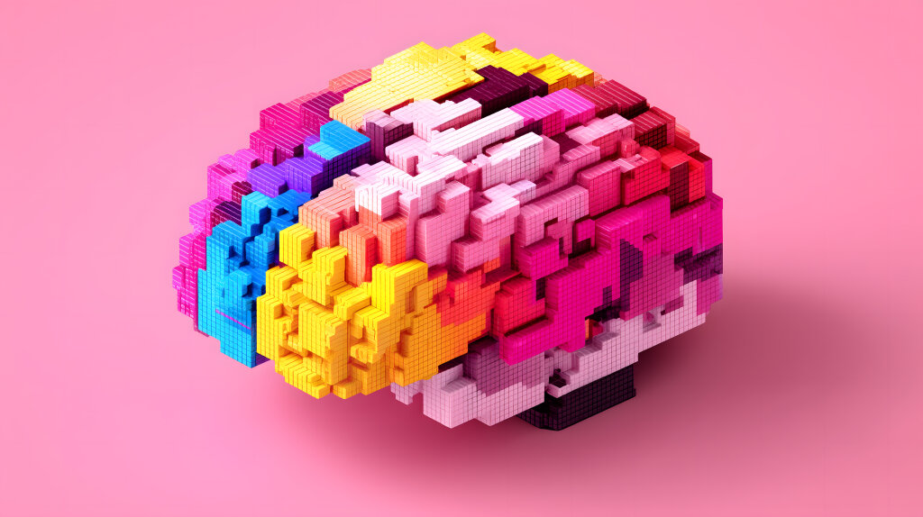 Pixelgehirn in bunten Farben auf rosa Hintergrund