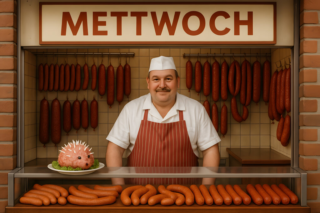 Metzger mit Mettigel und Wurst am Mettwoch