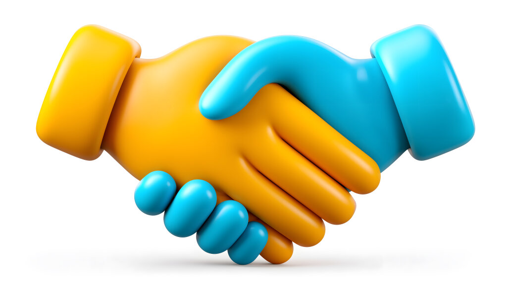 3D Handschlag gelbe und blaue Hand auf weißem Hintergrund