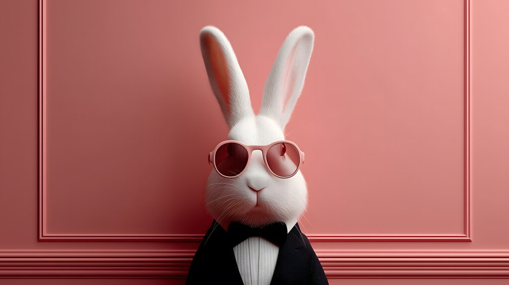 Weißer Osterhase mit Sonnenbrille und Anzug vor rosa Wand
