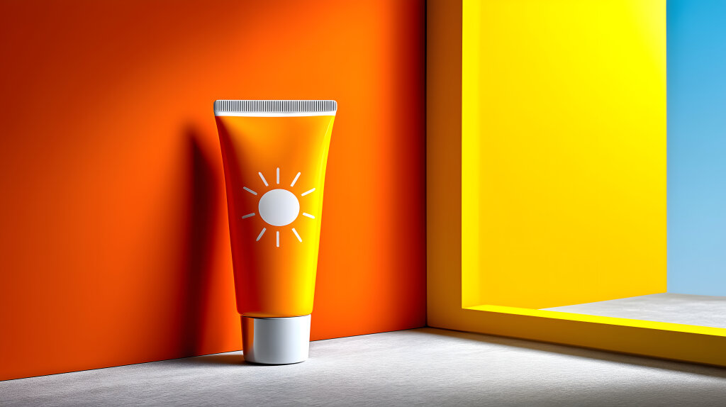 Sonnencreme Tube auf orangenem Hintergrund mit Sonnenmotiv