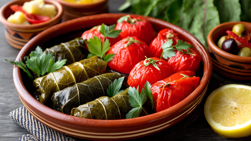 Dolma mit Tomaten und Weinblättern auf orientalischem Teller