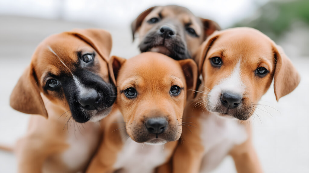 Vier verspielte Hundewelpen mit großen Augen