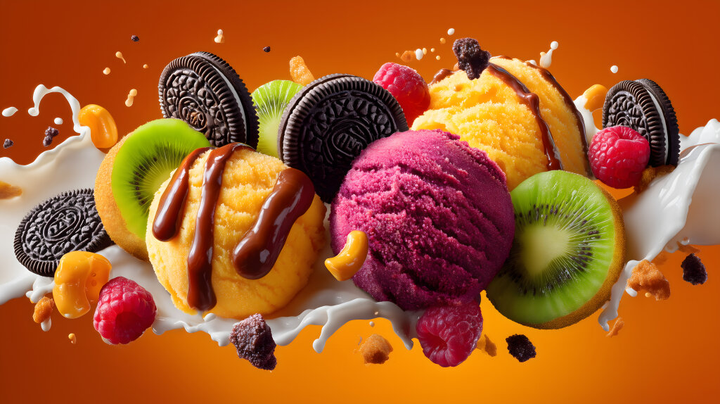 Bunte Eiscreme mit Früchten und Oreo auf orangenem Hintergrund