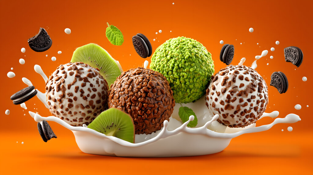 Eiscreme mit Nusskruste und Keksstücken auf Orangeton