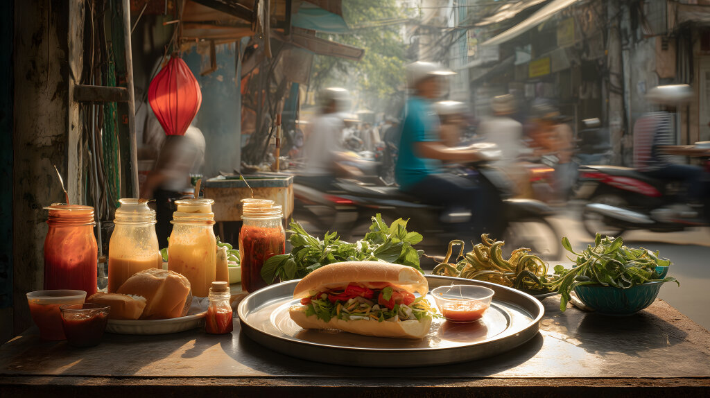 Frisches Banh Mi Sandwich auf vietnamesischem Straßenmarkt