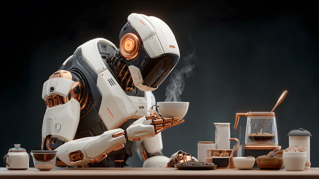 Roboter bereitet Kaffee zu in futuristischem Setting