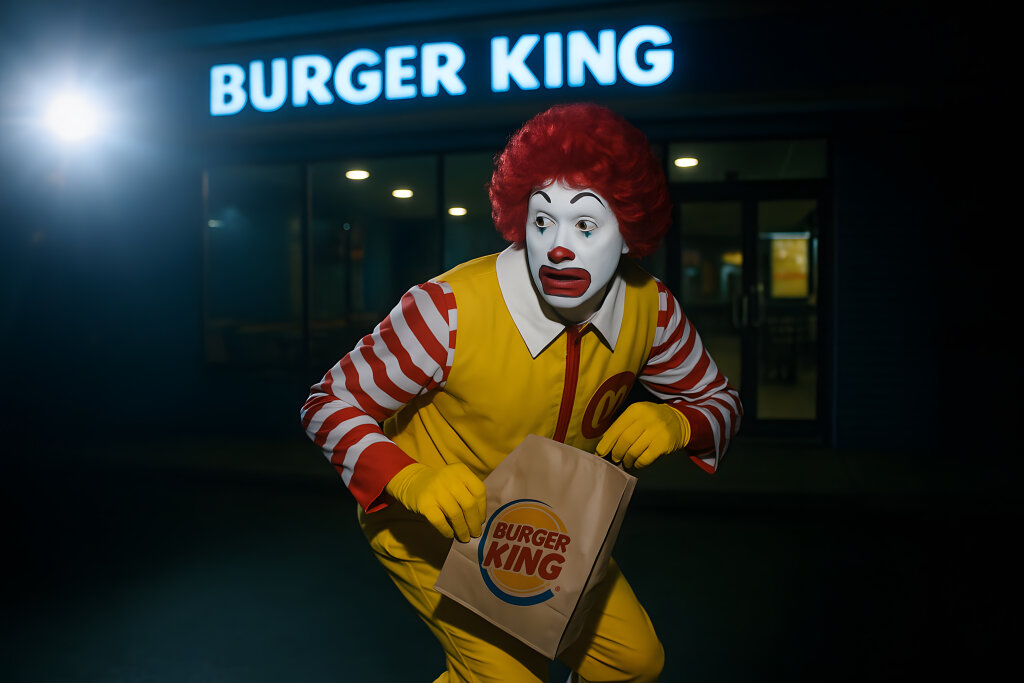 McDonalds Clown Ronald mit Burger King Tüte nachts vor Filiale