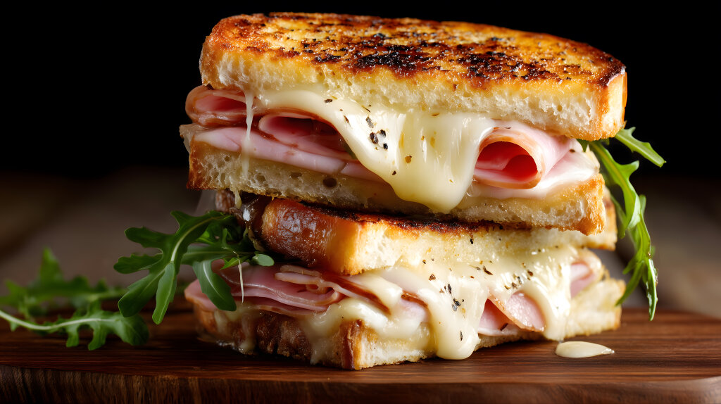 Croque Monsieur mit geschmolzenem Käse und Schinken auf Holzbrett