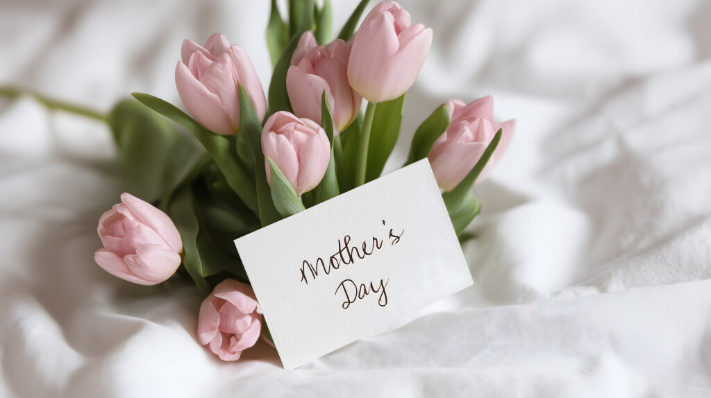 Tulpenstrauß mit Mother’s Day Karte auf Bettdecke
