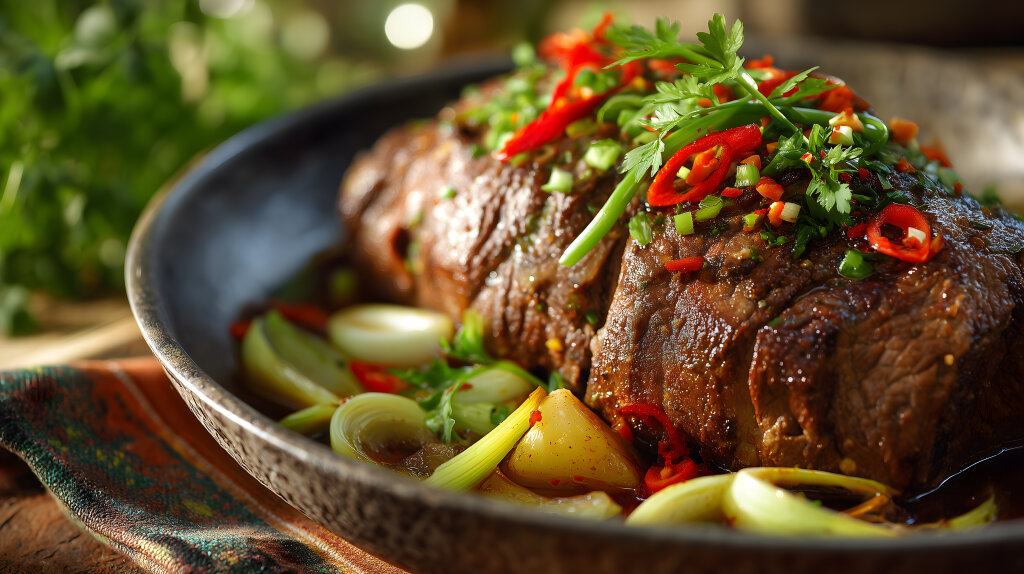 Gebackenes Rindfleisch mit Lauch und Chili