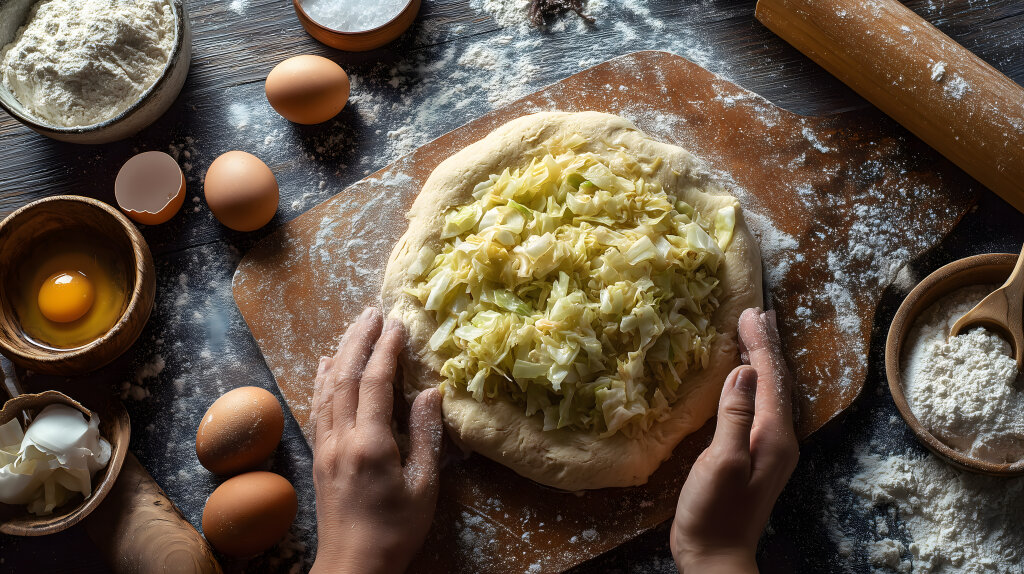 Hefeteig mit gebratenem Kraut und frischen Eiern auf rustikalem Tisch