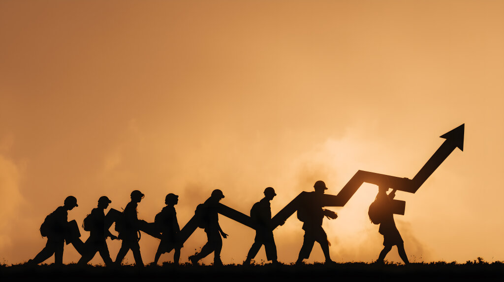 Arbeiter tragen Wachstumspfeil bei Sonnenuntergang
