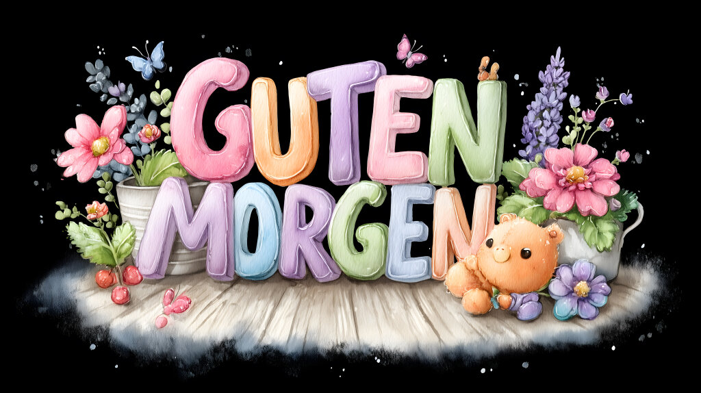Guten Morgen Grußkarte mit bunten Blumen und Teddybär
