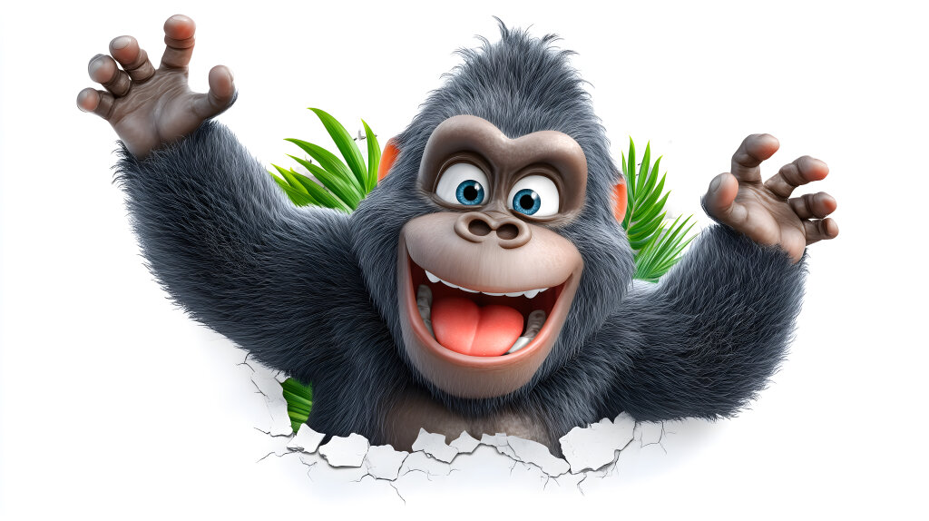 Lustiger Gorilla reißt Wand ein und schaut lachend hervor