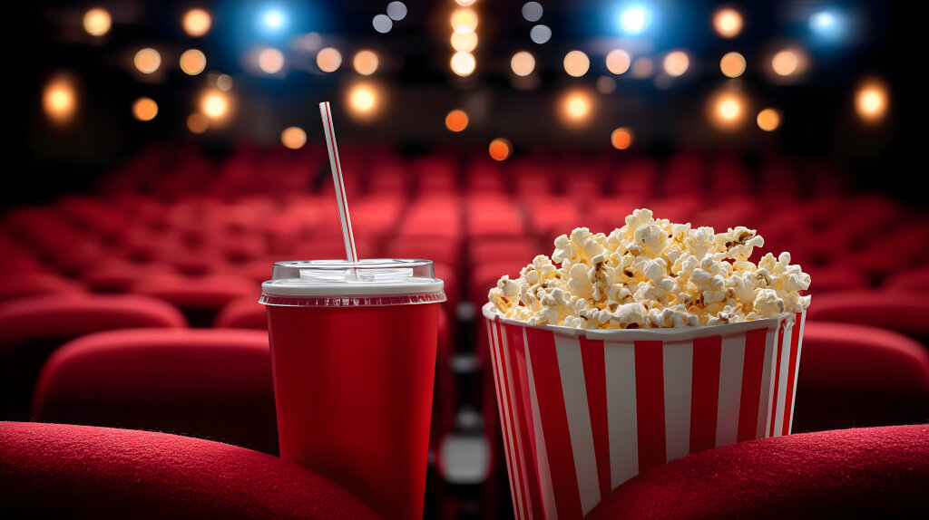 Popcorn Becher und Getränk im Kino vor rotem Kinositz
