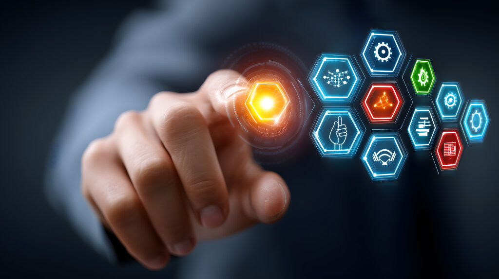 Hand berührt futurale digitale Hologramme mit Geschäftssymbolen