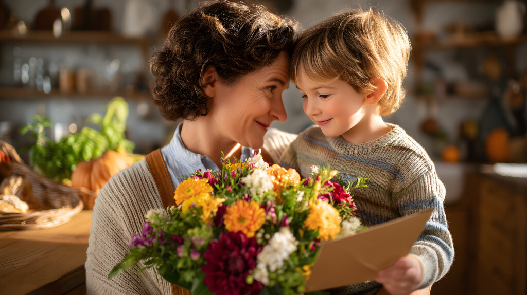 Mutter mit Blumenstrauß und Sohn am Muttertag