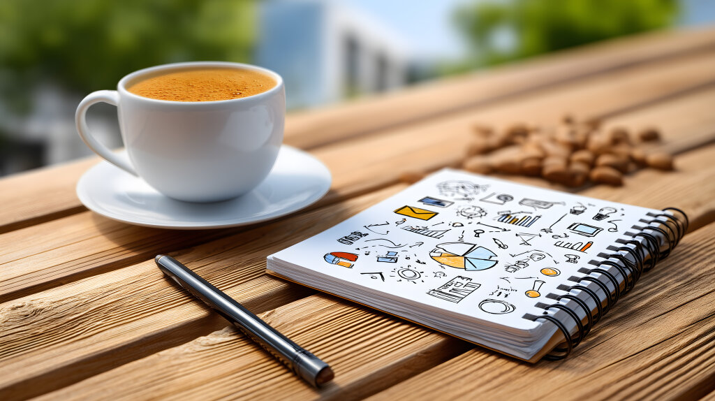 Kaffeetasse mit Notizbuch voller Geschäftsideen