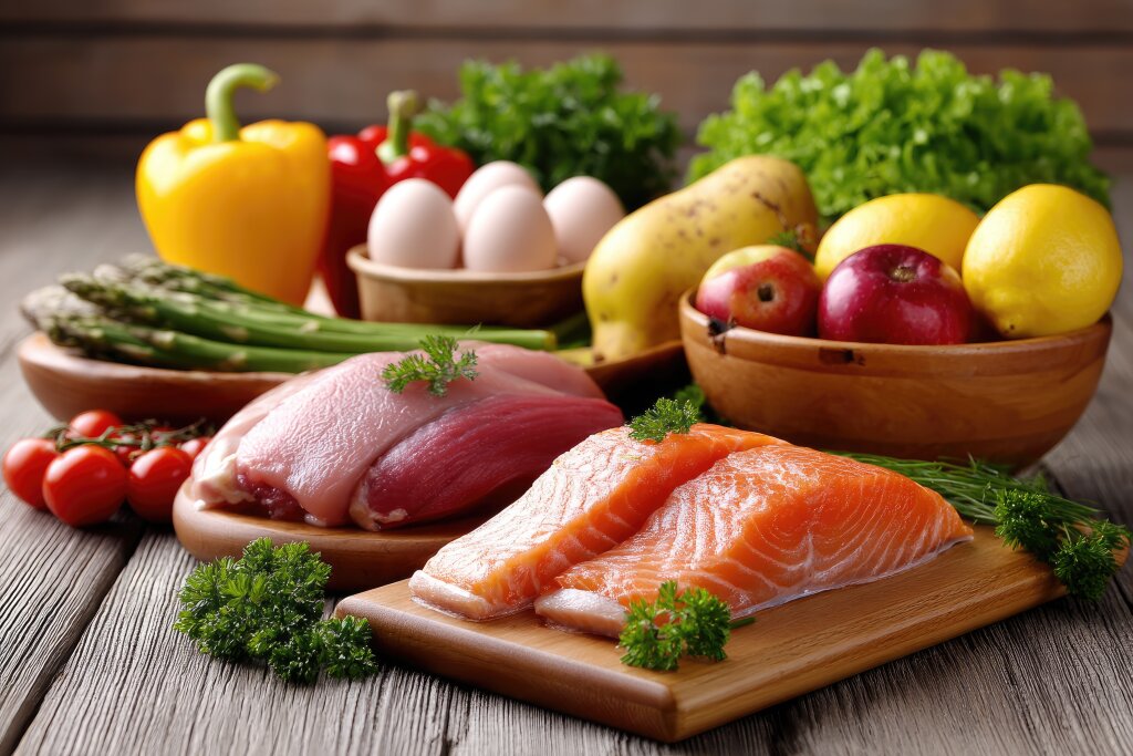 Frisches Gemüse, Obst, Fisch und Fleisch auf Holztisch