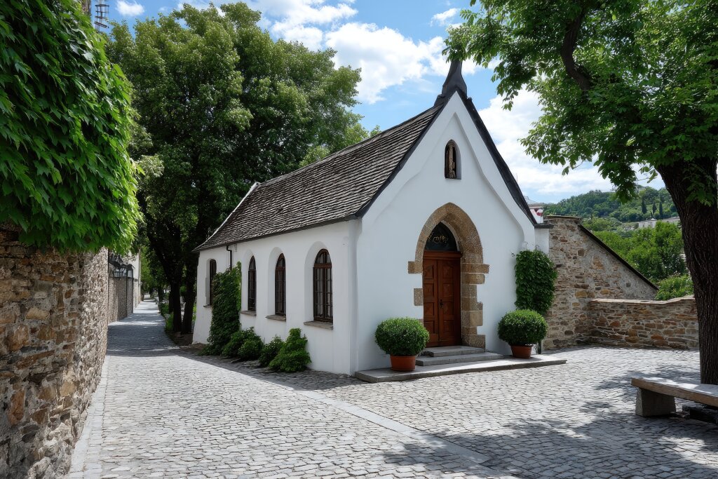 Kleine weiße Dorfkapelle mit Bäumen und Kopfsteinpflaster