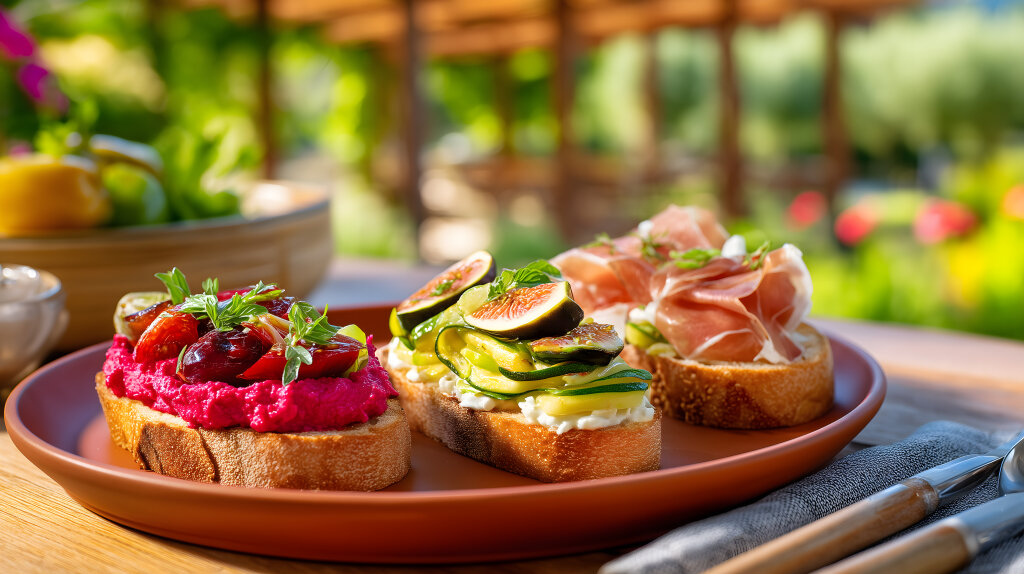 Bruschetta mit Aufstrichen und Gemüse auf Holzteller serviert