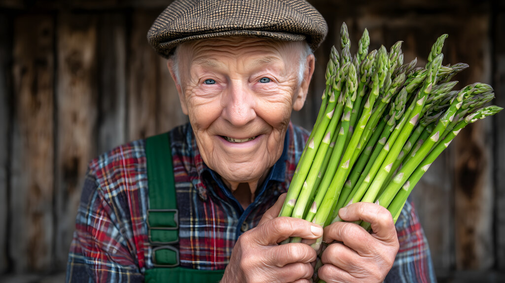 Spargelbauer mit frischem grünen Spargel vor Holzwand