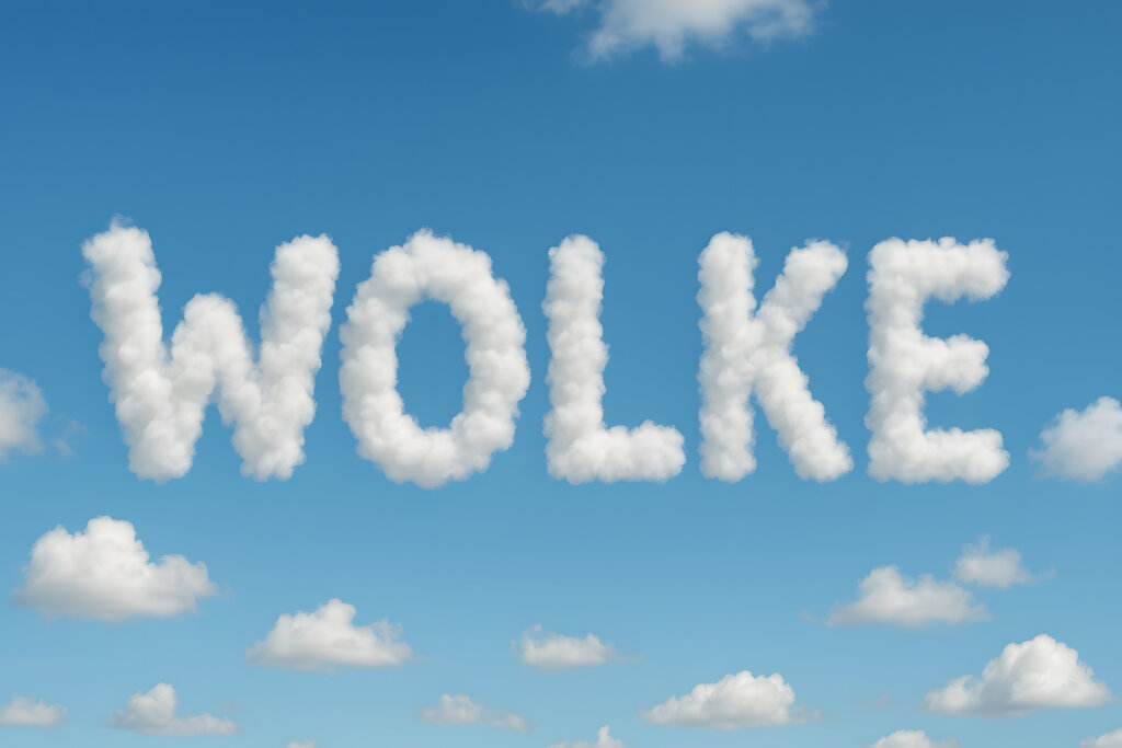 Schriftzug „Wolke“ aus Wolken am Himmel
