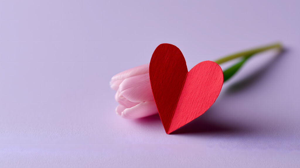 Rotes Herz aus Papier vor rosafarbener Tulpe auf Pastellhintergrund