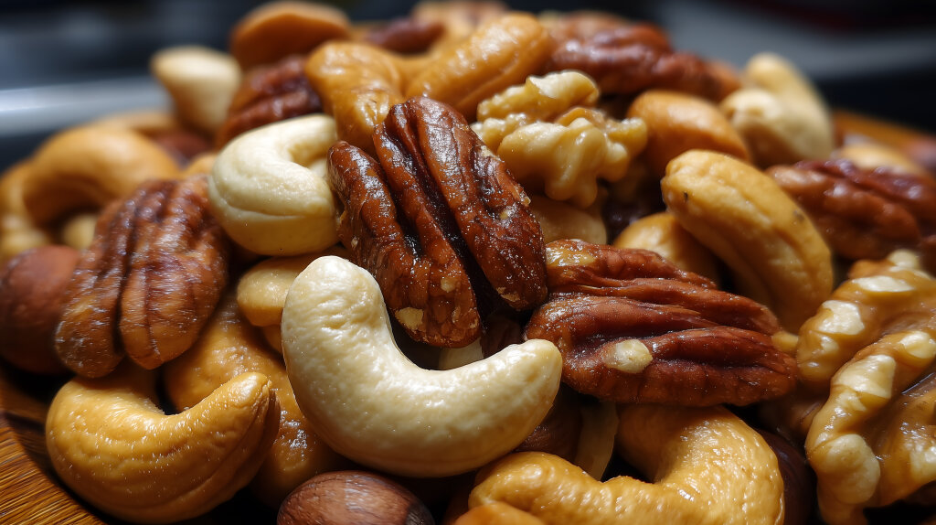Nahaufnahme von gemischten Nüssen mit Cashews und Pekannüssen