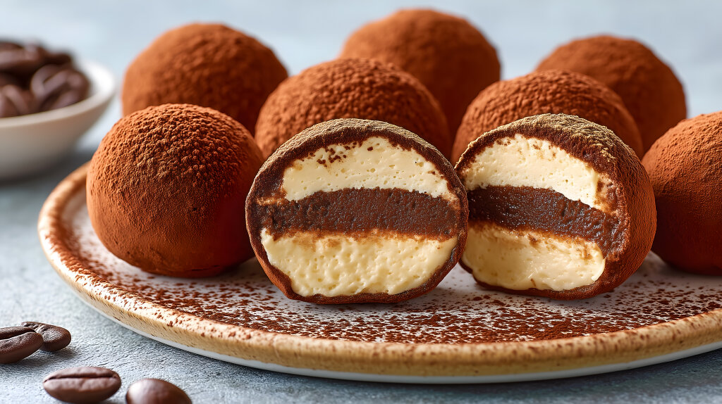Tiramisu Kugeln mit Kakaopulver und cremiger Füllung auf Keramikteller