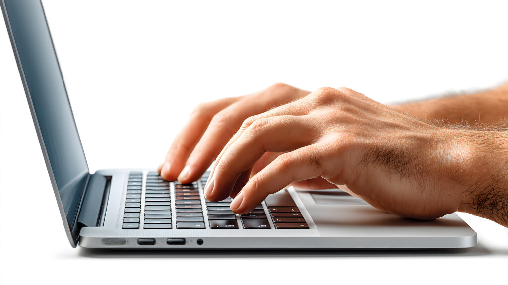 Männerhände tippen auf Laptop isoliert auf weißem Hintergrund