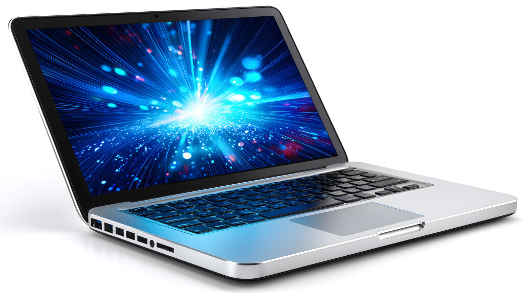 Silberner Laptop mit blau leuchtendem Display
