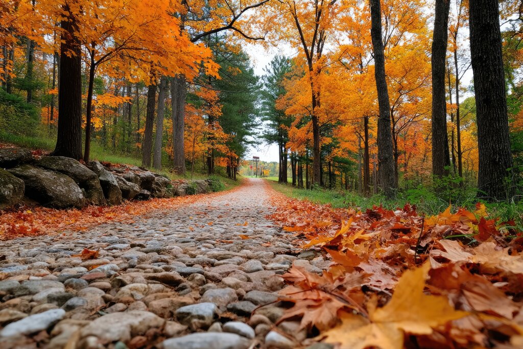 Herbstweg im Wald mit buntem Laub