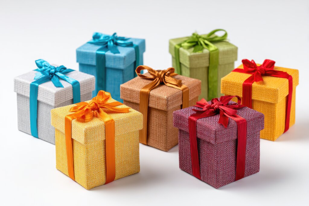 Bunte Geschenkboxen mit Schleifen