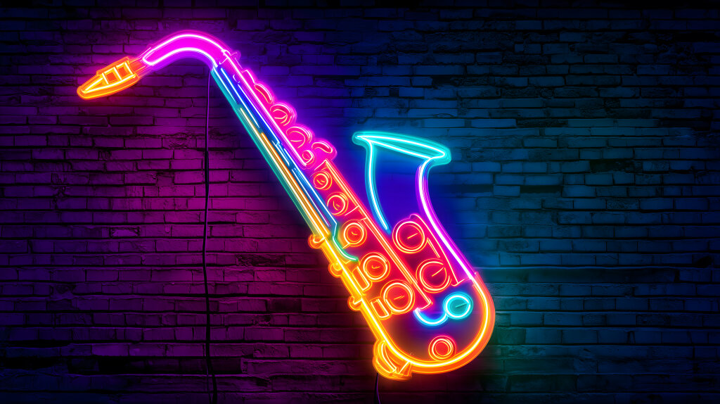 Neon Saxophon leuchtend an Backsteinwand