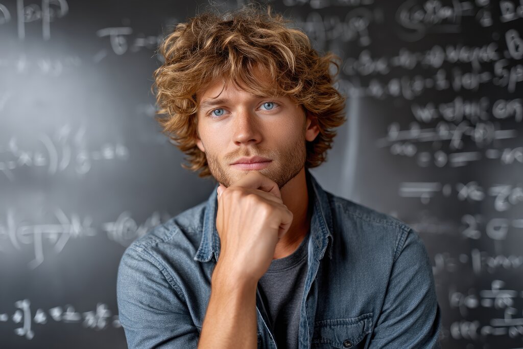 junger Mann vor Tafel mit mathematischen Formeln