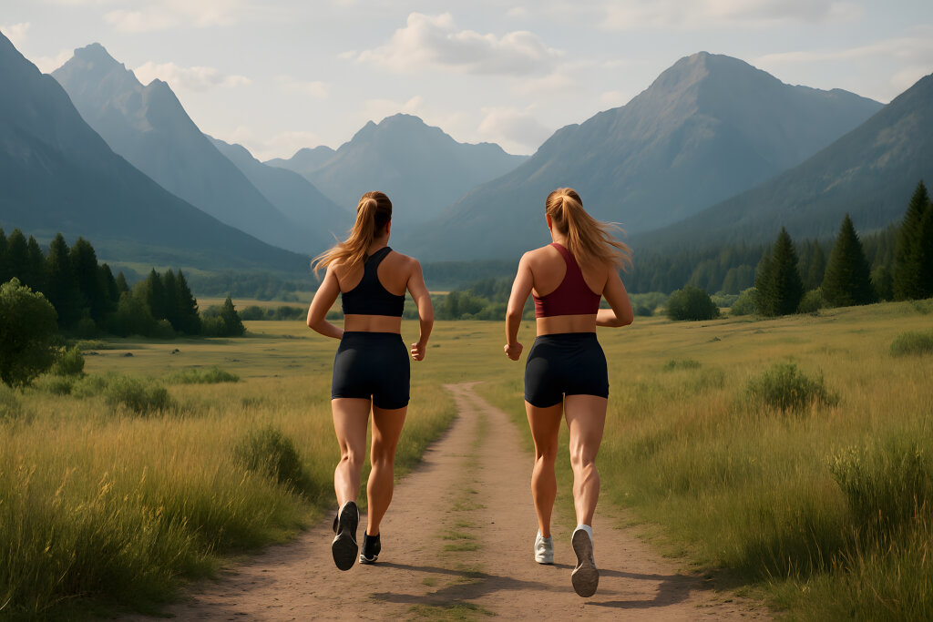 Zwei sportliche Frauen joggen in der Natur mit Bergen im Hintergrund
