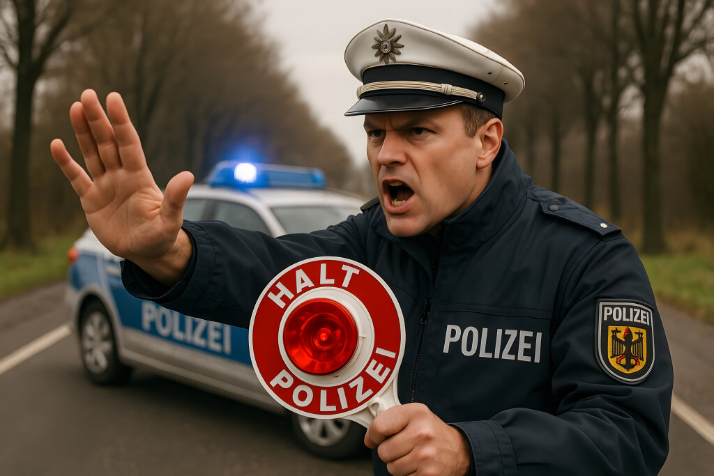 Polizist ruft Stop bei Verkehrskontrolle mit Polizeiauto im Hintergrund