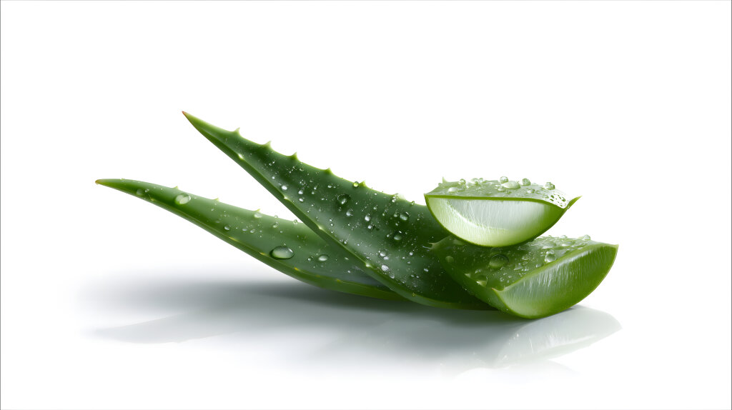 Aloe Vera frisch geschnitten mit Wassertropfen auf weißem Hintergrund
